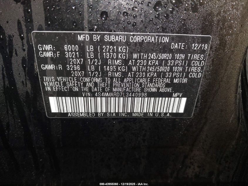 2020 Subaru Ascent Touring VIN: 4S4WMARD7L3440998 Lot: 43955360