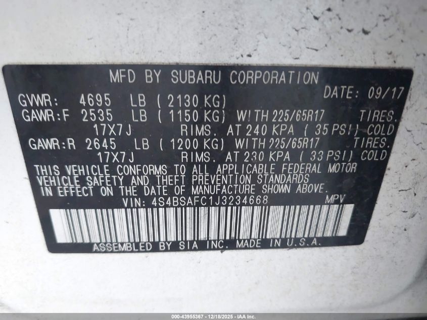 2018 Subaru Outback 2.5I Premium VIN: 4S4BSAFC1J3234668 Lot: 43955367