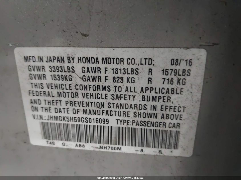 2016 Honda Fit Lx VIN: JHMGK5H59GS016099 Lot: 43955368