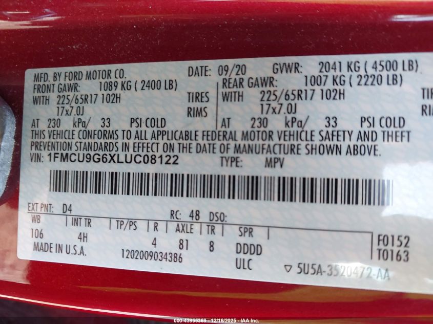2020 Ford Escape Se VIN: 1FMCU9G6XLUC08122 Lot: 43955369