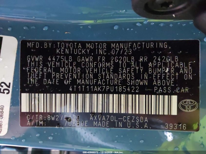 2023 Toyota Camry Se VIN: 4T1T11AK7PU185422 Lot: 43955372