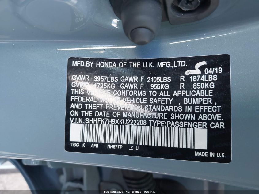 2019 Honda Civic Sport Touring VIN: SHHFK7H9XKU222208 Lot: 43955378