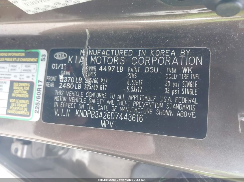 2013 Kia Sportage Lx VIN: KNDPB3A26D7443616 Lot: 43955380