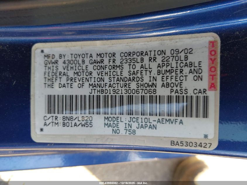 2003 Lexus Is 300 Base W/5-Speed Manual VIN: JTHBD192130067068 Lot: 43955382