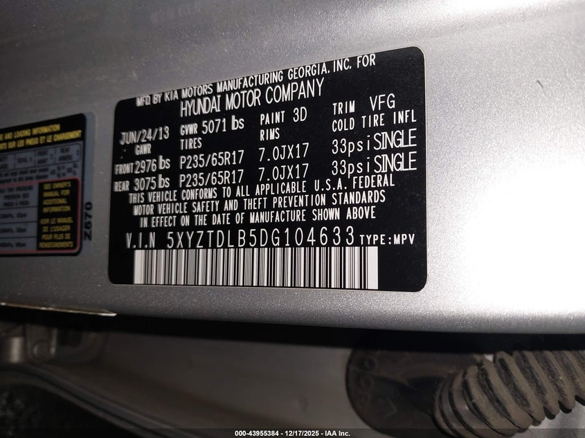 5XYZTDLB5DG104633 2013 HYUNDAI SANTA FE photo no. 9