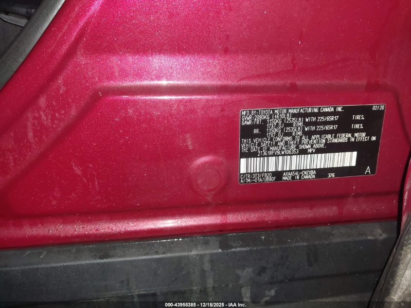 2020 Toyota Rav4 Le VIN: 2T3G1RFV9LW106353 Lot: 43955385