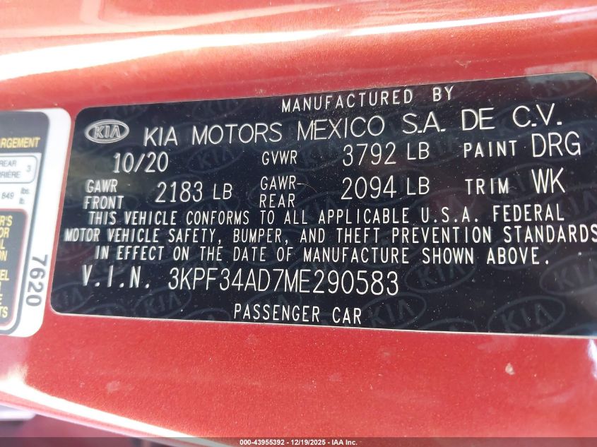 2021 Kia Forte Gt-Line VIN: 3KPF34AD7ME290583 Lot: 43955392