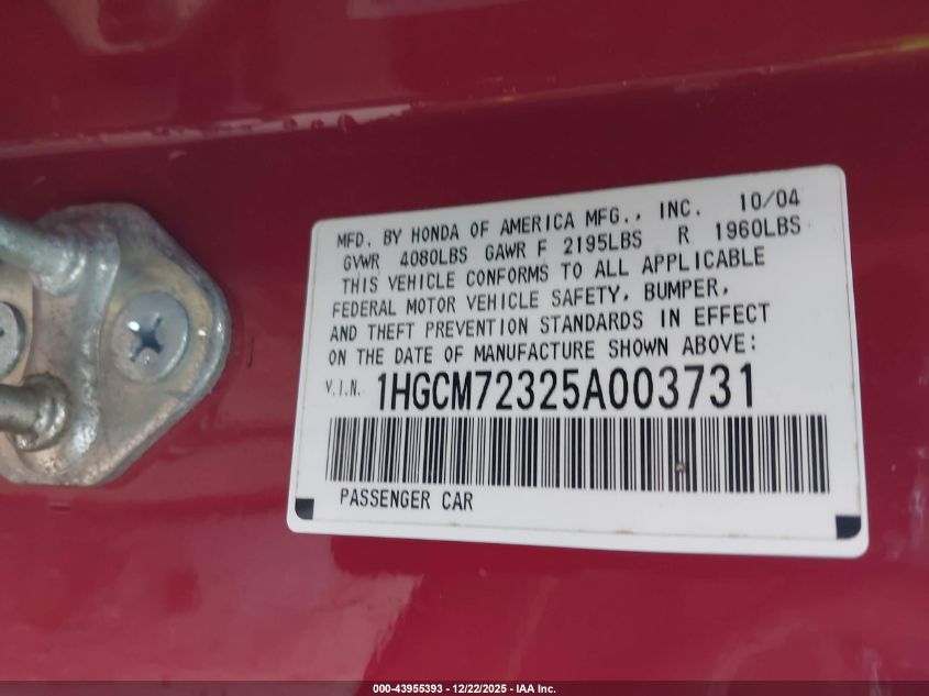 2005 Honda Accord 2.4 Lx VIN: 1HGCM72325A003731 Lot: 43955393