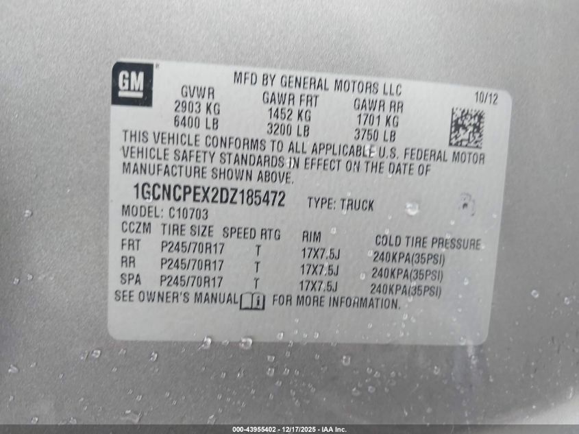 2013 Chevrolet Silverado 1500 Work Truck VIN: 1GCNCPEX2DZ185472 Lot: 43955402