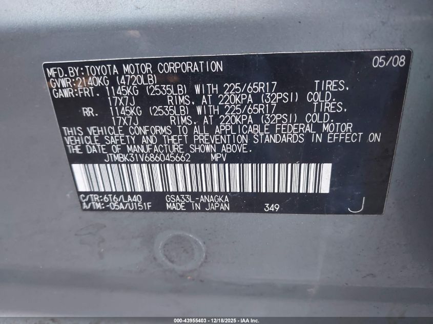 2008 Toyota Rav4 Limited V6 VIN: JTMBK31V686045662 Lot: 43955403