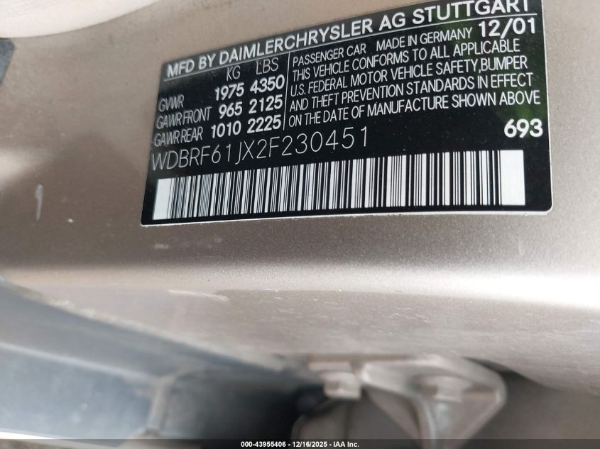 2002 Mercedes-Benz C 240 VIN: WDBRF61JX2F230451 Lot: 43955406