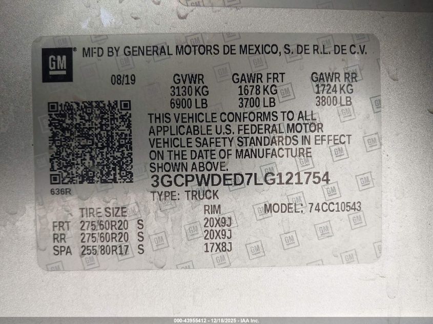 2020 Chevrolet Silverado 1500 2Wd Short Bed Rst VIN: 3GCPWDED7LG121754 Lot: 43955412