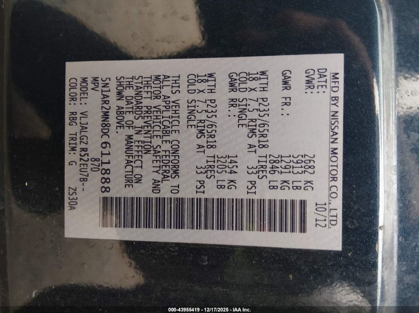 2013 Nissan Pathfinder Sl VIN: 5N1AR2MN8DC611888 Lot: 43955419