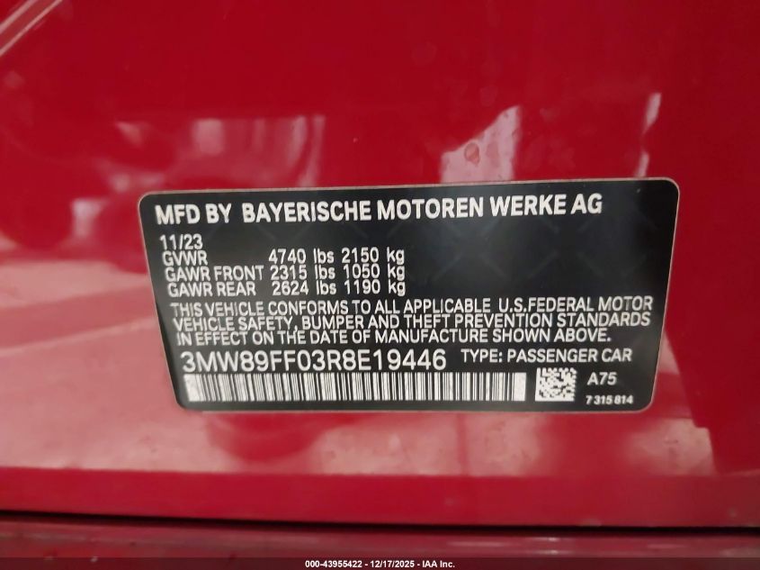 2024 BMW 330I xDrive VIN: 3MW89FF03R8E19446 Lot: 43955422