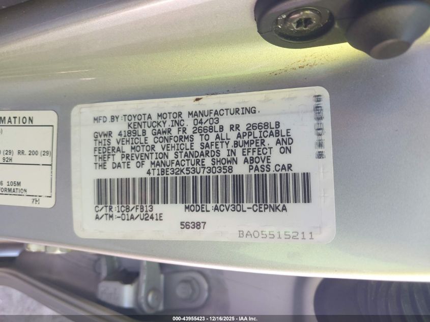 2003 Toyota Camry Le VIN: 4T1BE32K53U730358 Lot: 43955423