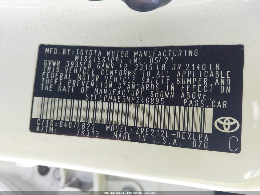 2021 Toyota Corolla Le VIN: 5YFEPMAE5MP246895 Lot: 43955424