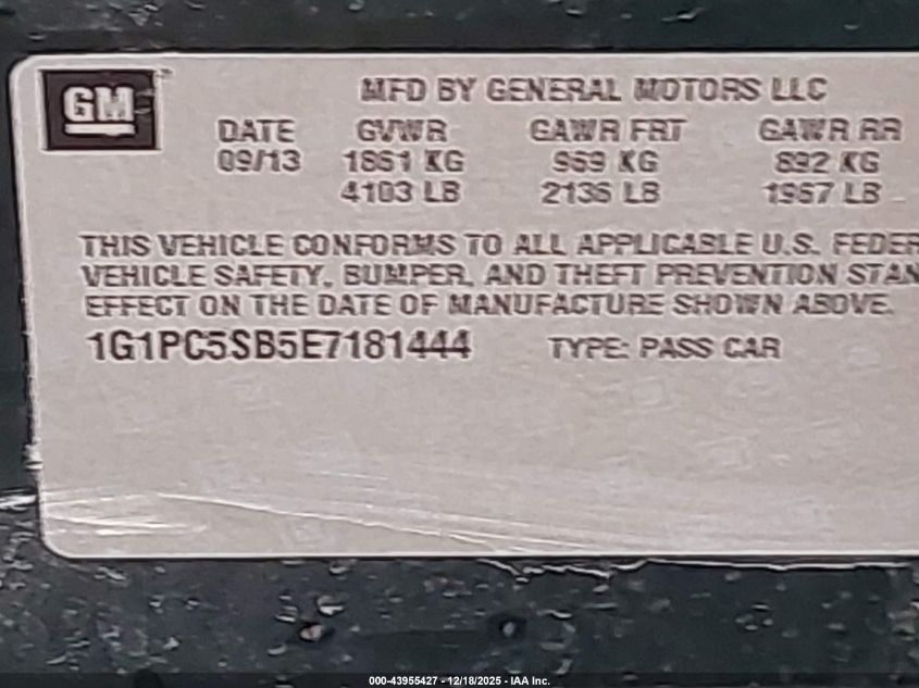 2014 Chevrolet Cruze 1Lt Auto VIN: 1G1PC5SB5E7181444 Lot: 43955427