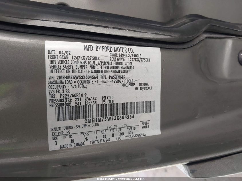 2003 Mercury Grand Marquis Ls VIN: 2MEHM75W53X604564 Lot: 43955428