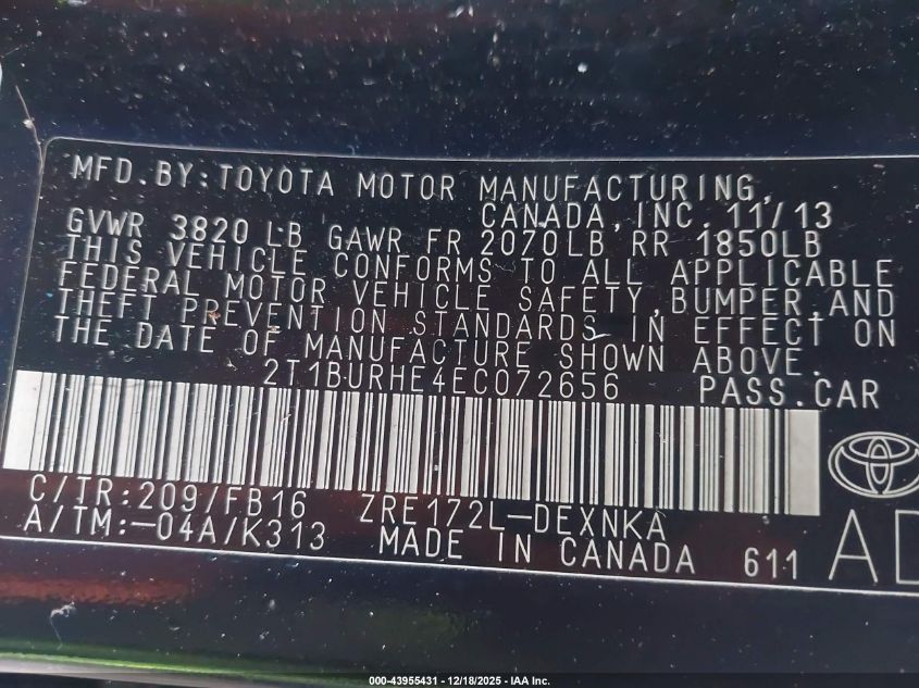 2014 Toyota Corolla Le VIN: 2T1BURHE4EC072656 Lot: 43955431