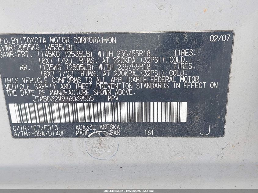 2007 Toyota Rav4 Sport VIN: JTMBD32V976039555 Lot: 43955432