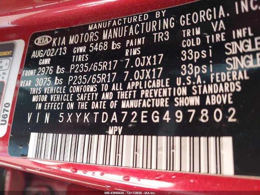 2014 Kia Sorento Lx V6 VIN: 5XYKTDA72EG497802 Lot: 43955430
