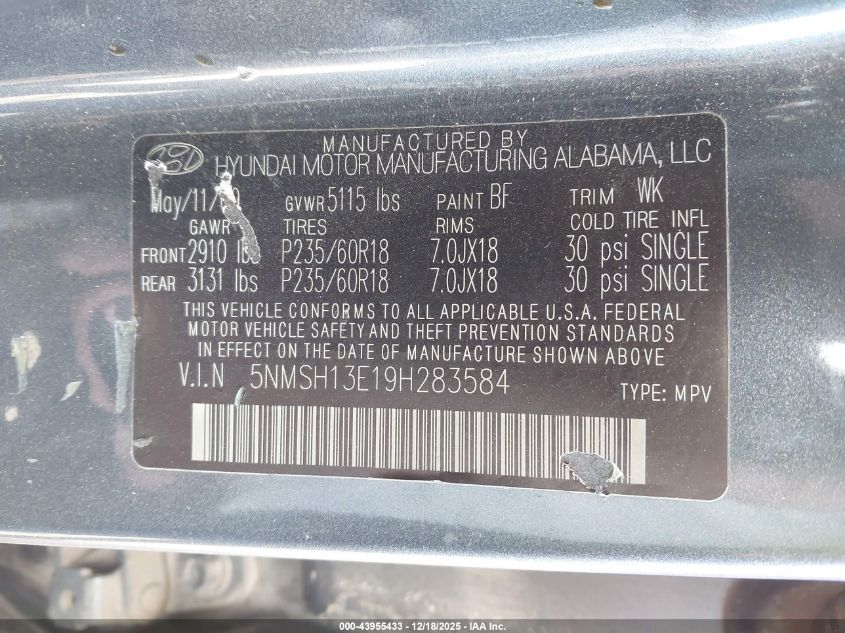 2009 Hyundai Santa Fe Limited VIN: 5NMSH13E19H283584 Lot: 43955433