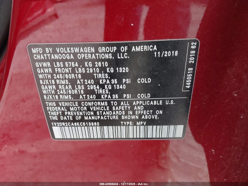 2019 Volkswagen Atlas 3.6L V6 Se VIN: 1V2DR2CA6KC513860 Lot: 43955434