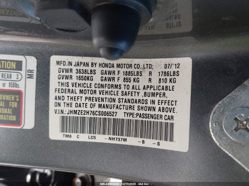 2012 Honda Insight Ex VIN: JHMZE2H76CS006527 Lot: 43955436