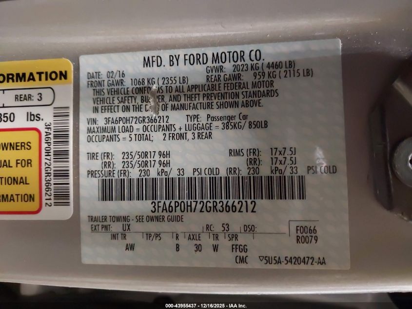 2016 Ford Fusion Se VIN: 3FA6P0H72GR366212 Lot: 43955437