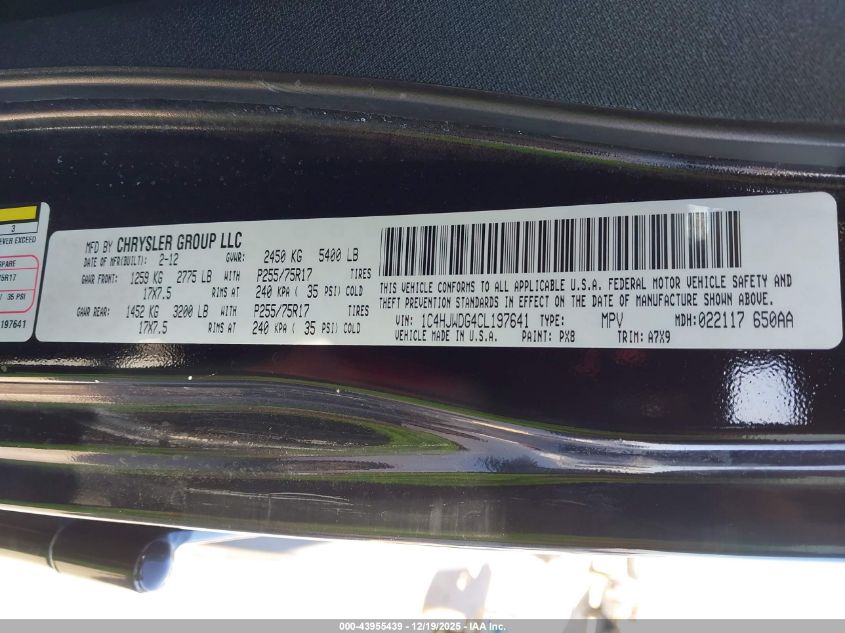 2012 Jeep Wrangler Unlimited Sport VIN: 1C4HJWDG4CL197641 Lot: 43955439