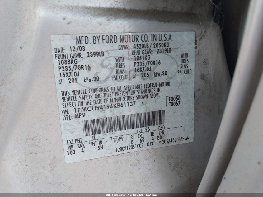 2004 Ford Escape Limited VIN: 1FMCU94194KB61137 Lot: 43955442