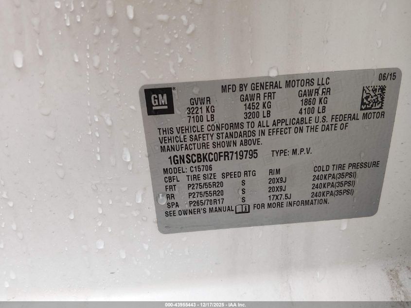 2015 Chevrolet Tahoe Lt VIN: 1GNSCBKC0FR719795 Lot: 43955443