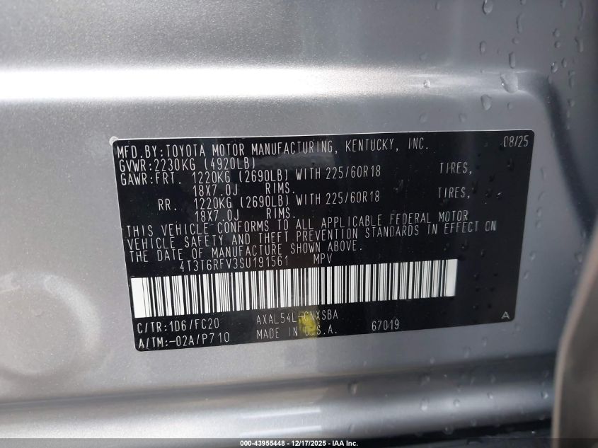 2025 Toyota Rav4 Hybrid Se VIN: 4T3T6RFV3SU191561 Lot: 43955448