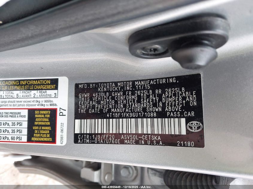 2016 Toyota Camry Se VIN: 4T1BF1FK9GU171088 Lot: 43955449