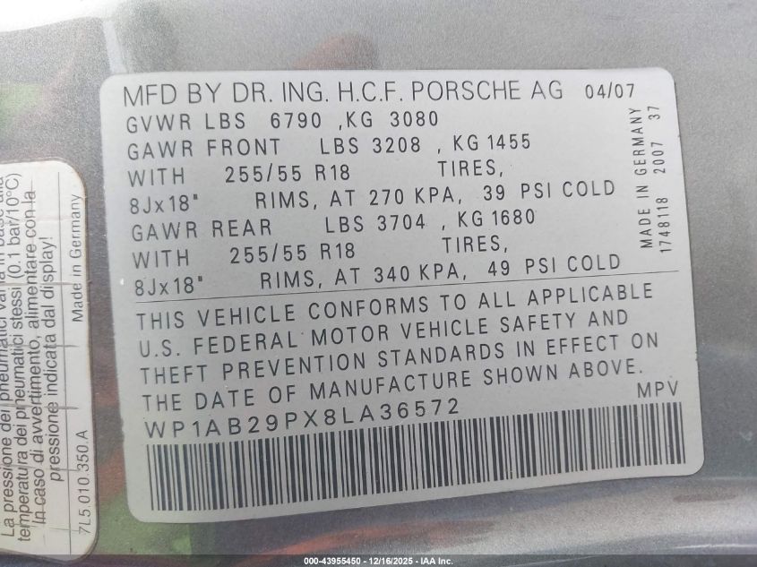 2008 Porsche Cayenne S VIN: WP1AB29PX8LA36572 Lot: 43955450