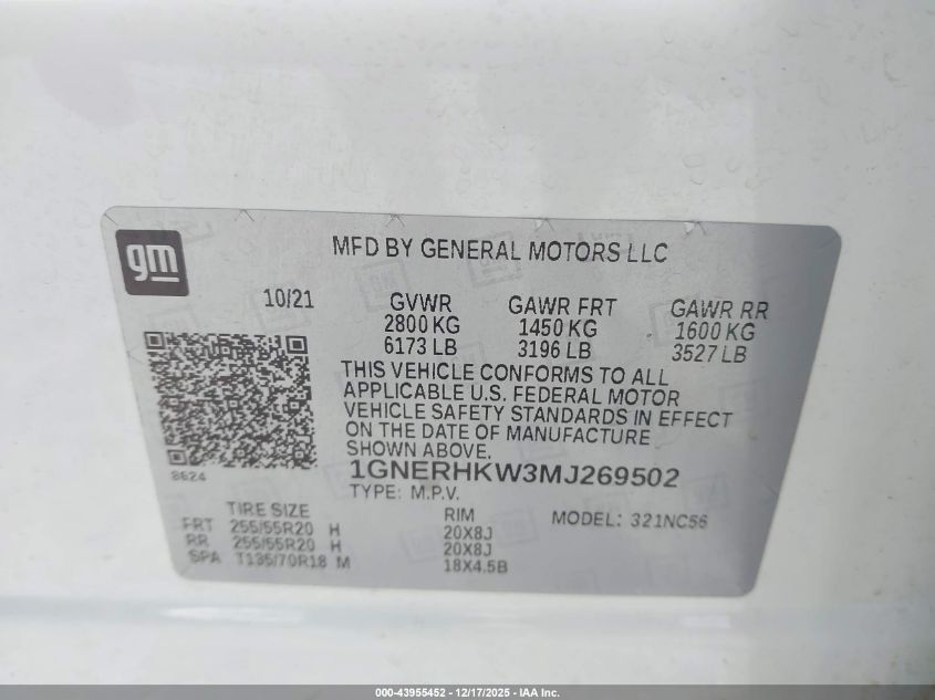 2021 Chevrolet Traverse Fwd Lt Leather VIN: 1GNERHKW3MJ269502 Lot: 43955452