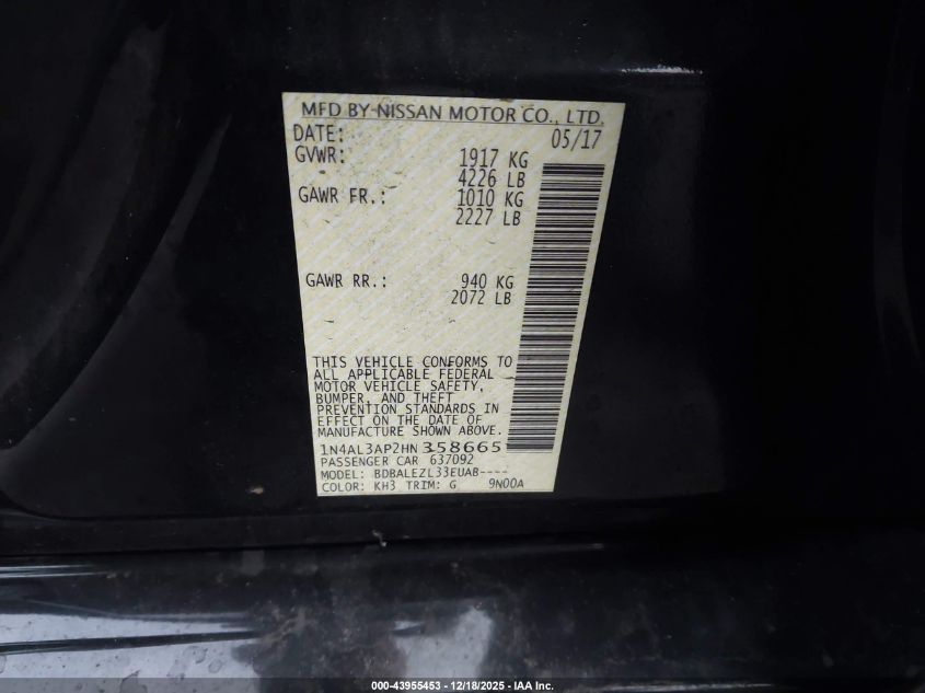 2017 Nissan Altima 2.5 S VIN: 1N4AL3AP2HN358665 Lot: 43955453