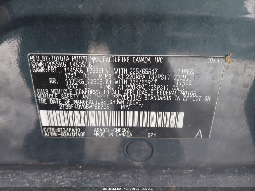 2011 Toyota Rav4 VIN: 2T3BF4DV0BW156705 Lot: 43955454