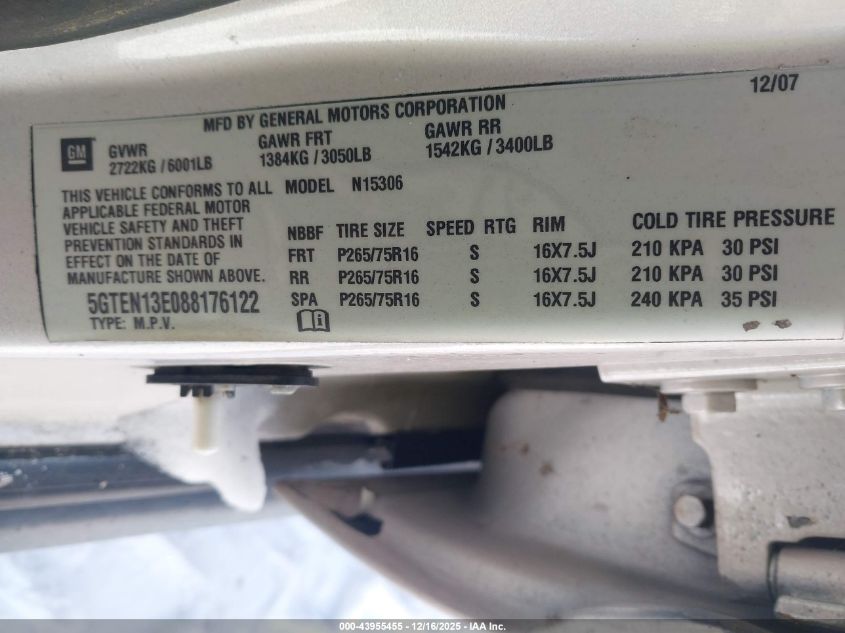 2008 Hummer H3 Suv VIN: 5GTEN13E088176122 Lot: 43955455