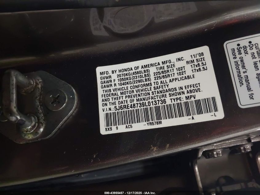 2009 Honda Cr-V Ex-L VIN: 5J6RE48739L013736 Lot: 43955457