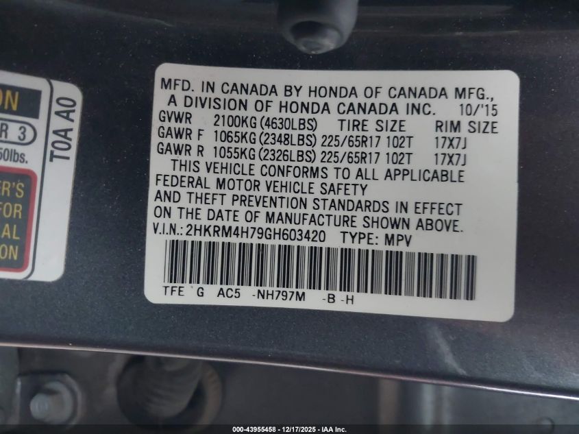 2016 Honda Cr-V Ex-L VIN: 2HKRM4H79GH603420 Lot: 43955458