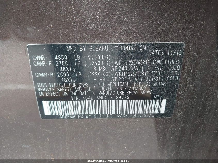 2020 Subaru Outback Limited VIN: 4S4BTANCXL3139799 Lot: 43955460