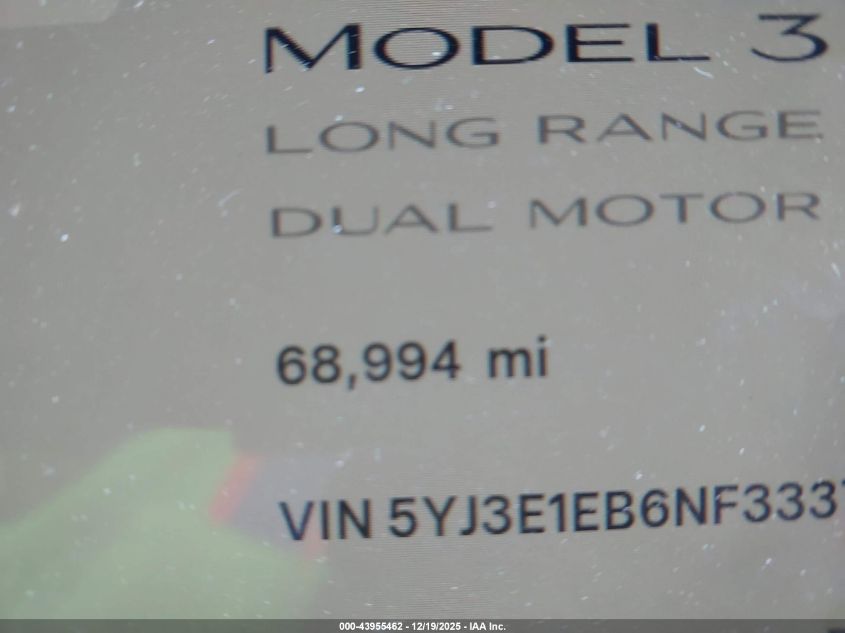 2022 Tesla Model 3 Long Range Dual Motor All-Wheel Drive VIN: 5YJ3E1EB6NF333780 Lot: 43955462