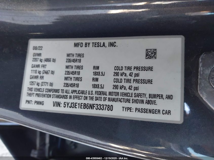 2022 Tesla Model 3 Long Range Dual Motor All-Wheel Drive VIN: 5YJ3E1EB6NF333780 Lot: 43955462