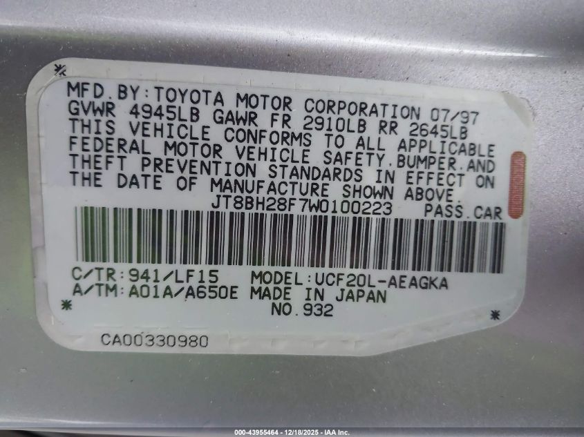1998 Lexus Ls 400 VIN: JT8BH28F7W0100223 Lot: 43955464