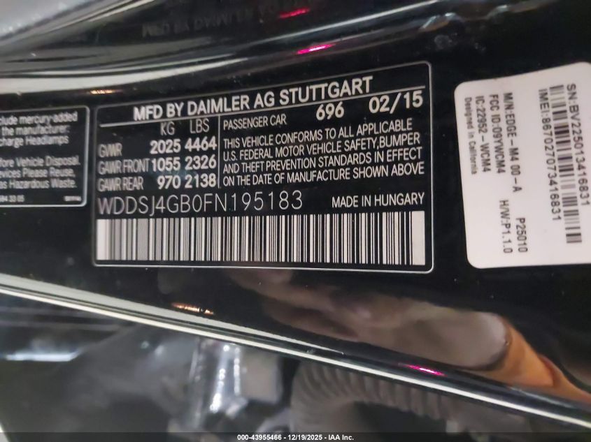 2015 Mercedes-Benz Cla 250 4Matic VIN: WDDSJ4GB0FN195183 Lot: 43955466