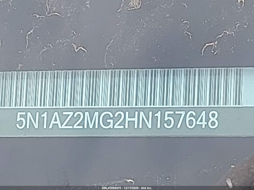 2017 Nissan Murano S VIN: 5N1AZ2MG2HN157648 Lot: 43955470