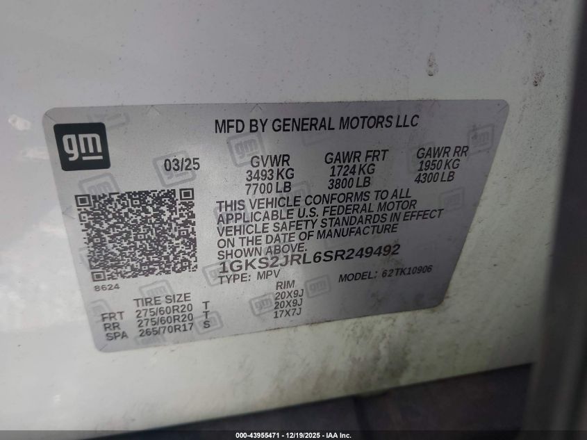 2025 GMC Yukon Xl 4Wd Denali VIN: 1GKS2JRL6SR249492 Lot: 43955471