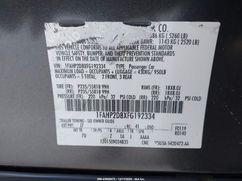 2015 Ford Taurus Se VIN: 1FAHP2D8XFG192334 Lot: 43955472