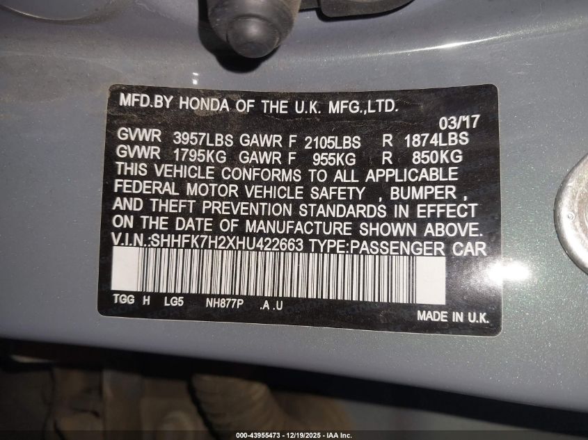 2017 Honda Civic Lx VIN: SHHFK7H2XHU422663 Lot: 43955473
